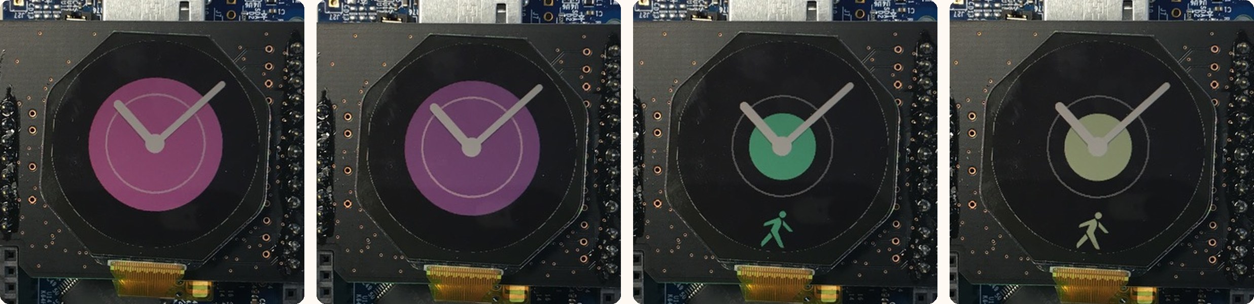 Two clock faces on the prototype display, each in full colour and then in the eight colours of the low-power mode.