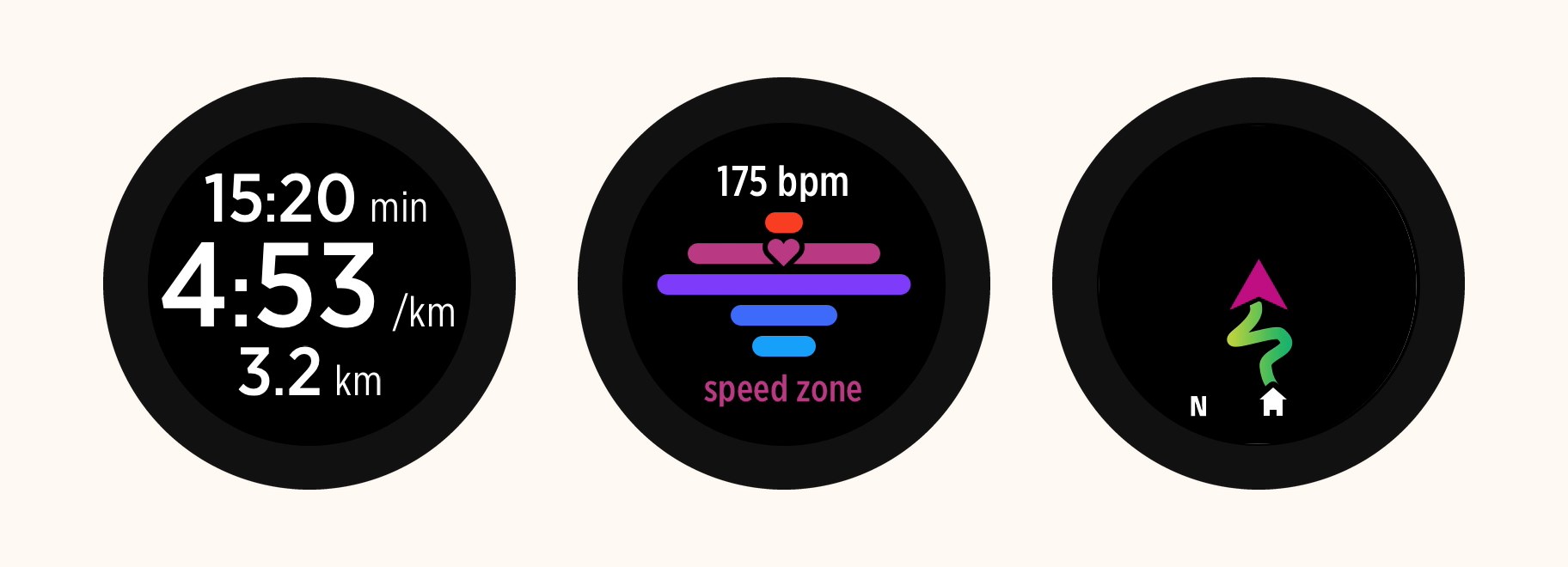 Pace and distance, heart-rate zone and the breadcrumb trail, from the workout prototype.