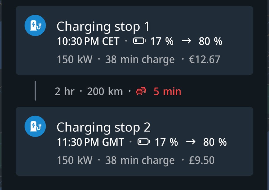 Each stop on the route shows its cost. Illustrative figures