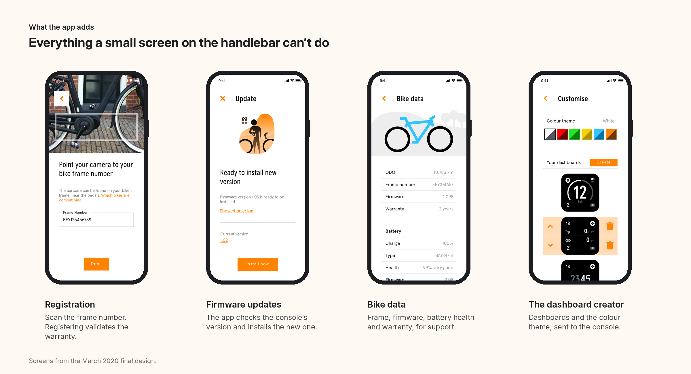 What the app adds: registration, firmware updates, bike data and the dashboard creator.