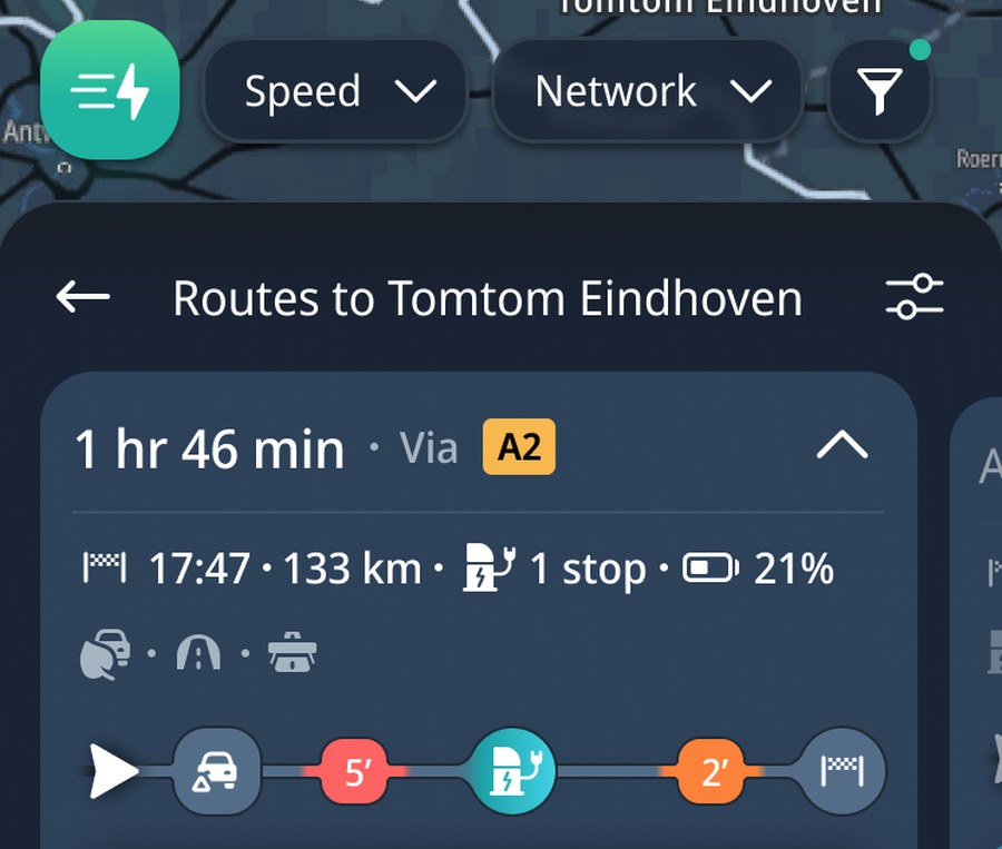 The trip with its stop, and the charge you’ll arrive with
